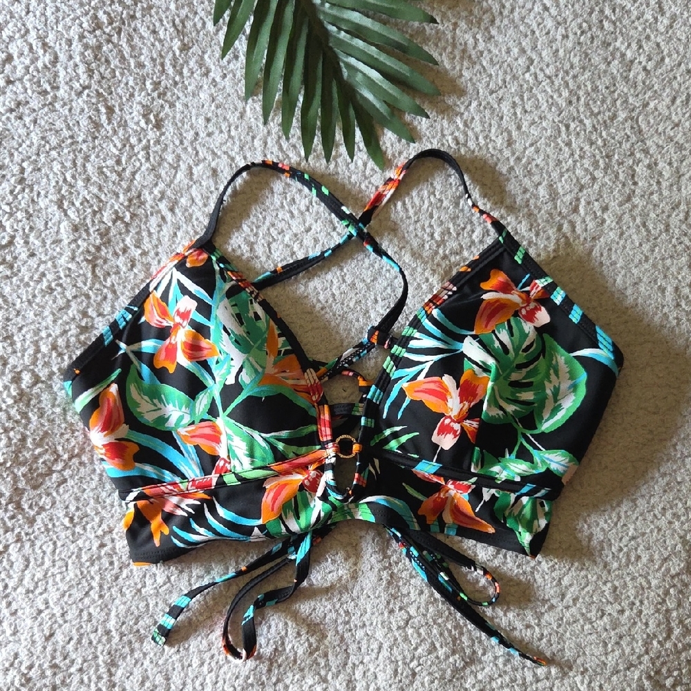Strappy Lace-Up Corset Tropical Floral Plunge V-Neck Bikini Top